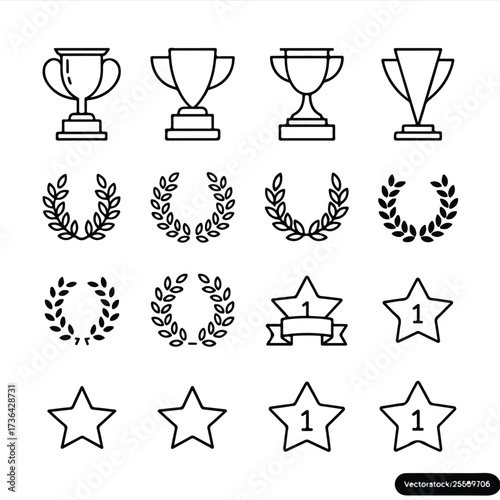 A set of 15 black and white line art award and trophy icons arranged in a 4x4 grid . Editable stroke.