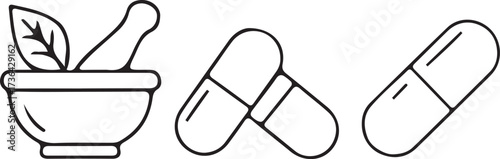 Herbal medicine and pharmaceutical capsules icon set.