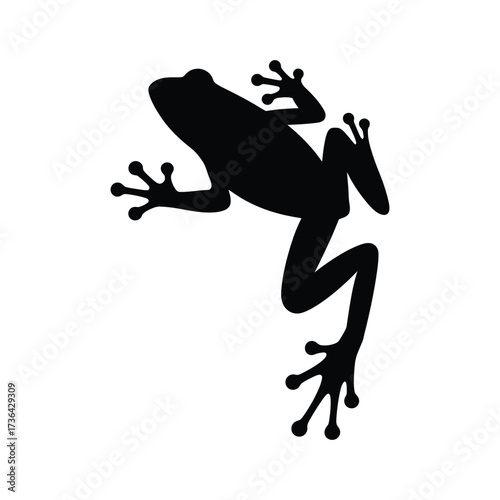 Black silhouette of a leaping tree frog with extended legs and detailed toe pads in dynamic jumping pose against white background