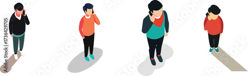 Four diverse people standing talking on phones from top view perspective isolated vector