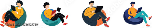 Relaxed person using digital tablet while lounging on comfy bean bag chair vector