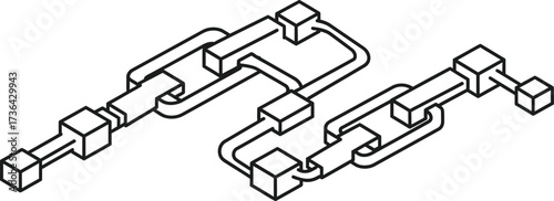 Isometric illustration of interconnected cubes and bars forming a complex network structure on white