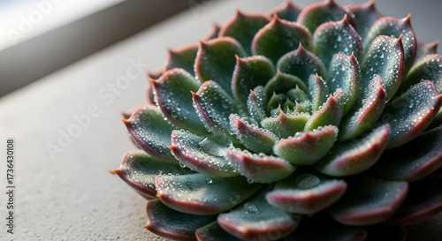 Succulent Plant Close Up with Water Droplets.