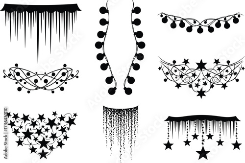 Set of black garland silhouette elements — decorative hanging ornaments, stars, drips and string lights in vector style for designers