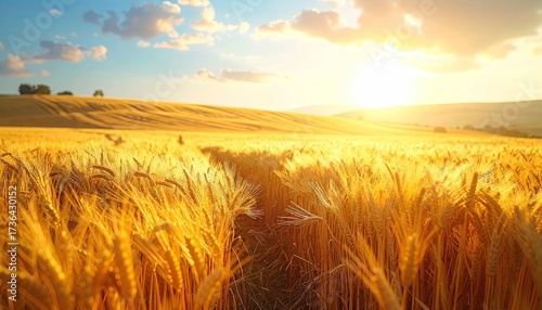 Golden Wheat Field Under a Bright Sunlit Sky with Rolling Hills in Background Landscape During Sunny Weather