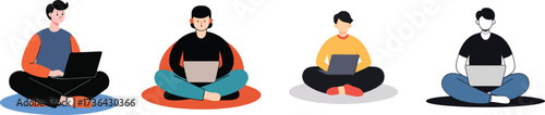 Four people sitting on floor cushions using laptops in a colorful artistic depiction vector