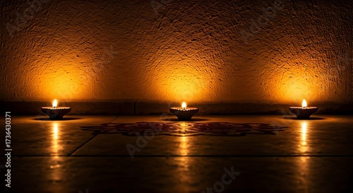Three lit candles on a wooden surface with reflections.