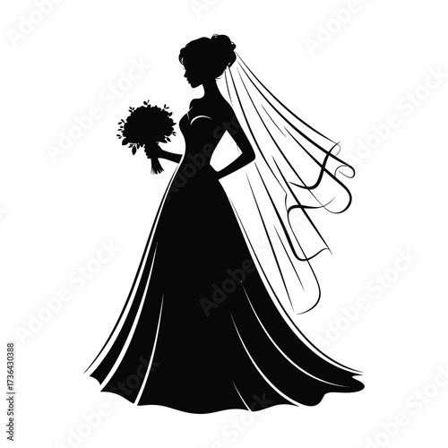 Bride woman silhouette in wedding dress with veil representing romantic wedding concept isolated black and white vector