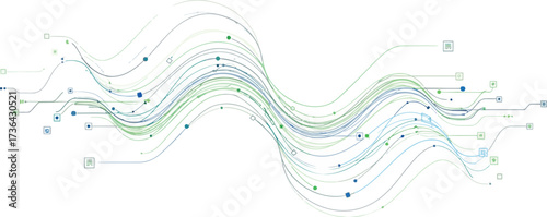 Abstract wavy lines with connected dots and squares on a clean white background design element