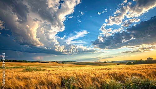 Golden Wheat Field Under Blue Sky With Dramatic Clouds at Golden Hour Sunlight Landscape