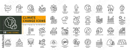 Minimalist Climate change line icons set with editable stroke, featuring co2, air population, drought, ecology, weather, melting, solar energy, temperature, sea level rise. thin linear illustration.