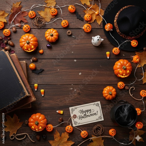 Halloween Flat Lay with Pumpkins, Witch Hat, and Lights