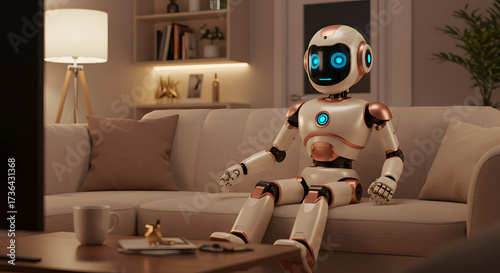 Friendly Humanoid Robot Relaxing in Cozy Smart Home Environment