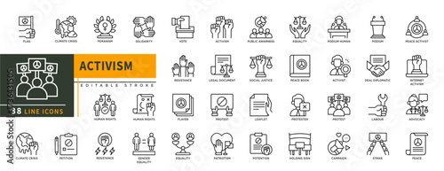 Minimalist Activism line icons set with editable stroke, featuring flag, climate crisis, femanism, solidarity, vote, rasistance, podium, protest, strike, potention, social. thin linear illustration.