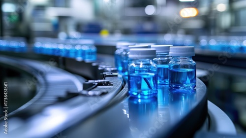 Wallpaper Mural A close-up of pharmaceutical bottles moving along a conveyor belt in a sterile manufacturing environment. Torontodigital.ca