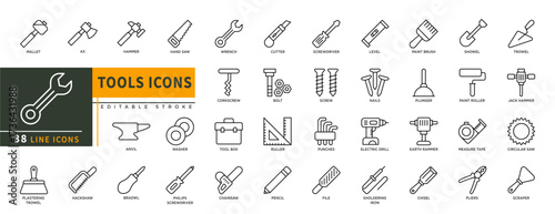 Minimalist Tools line icons set with editable stroke, featuring mallet, ax, hammer, hand saw, wrench, washer, tool box, cutter, bolt, screw, pencil, chhainsaw, level, nails. thin linear illustration.