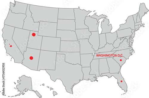 A map of the united states with red dots indicating different locations and washington d c labeled