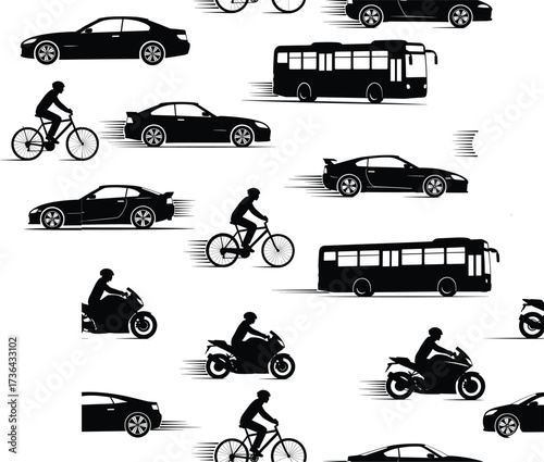 car, bus, bicycle, motorcycle, vehicle, transport, traffic, silhouette, motion, speed, commuter, urban, travel, ride, journey, sports, road, city, auto, mobility