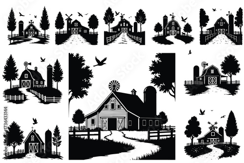 Black silhouette farm scenes with barns silos windmills and birds