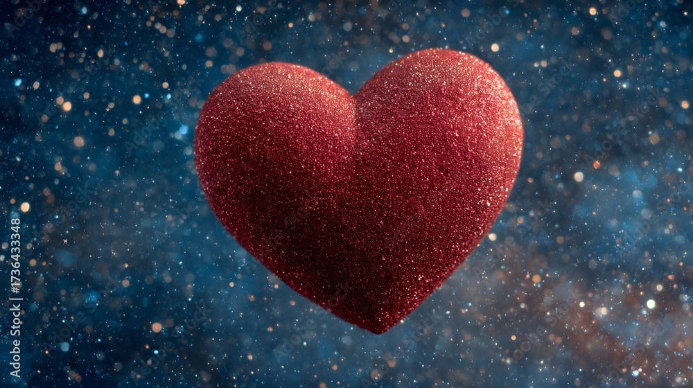Obraz premium Sparkling red heart floats in a cosmic-like space filled with shimmering particles, offering a romantic and dreamy ambiance against a dark blue backdrop with luminous details.