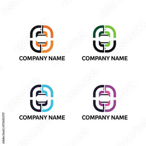 Modern abstract logo designs with different color variations for company branding.