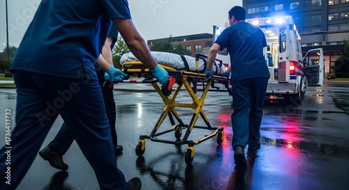 Paramedics moving a stretcher towards ambulance on a rainy day with lights reflecting on the pavement