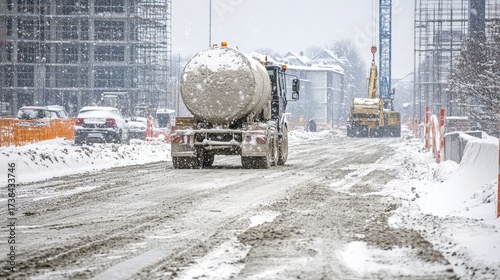 A concrete mixer on a snowy construction site, showing work continuing in challenging conditions.