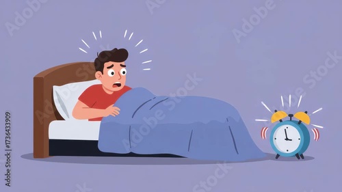 A young man wakes up startled in bed as his alarm clock blares loudly, startling him awake