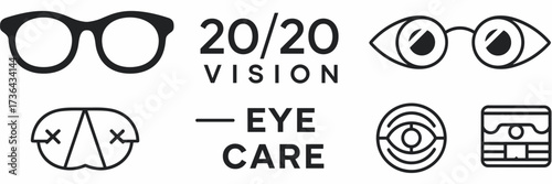 Vector icon sheet for optometrist branding with glasses, 20/20 vision badge, eye care logo, and contact lens pack – Perfect for healthcare design, vision clinics, or medical branding
