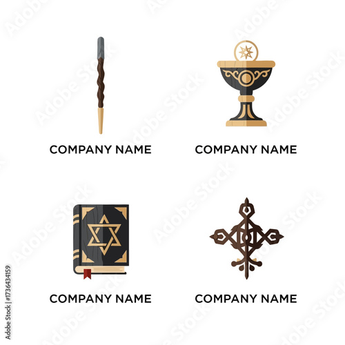 Religious symbols including a wand a chalice a torah and a cross.