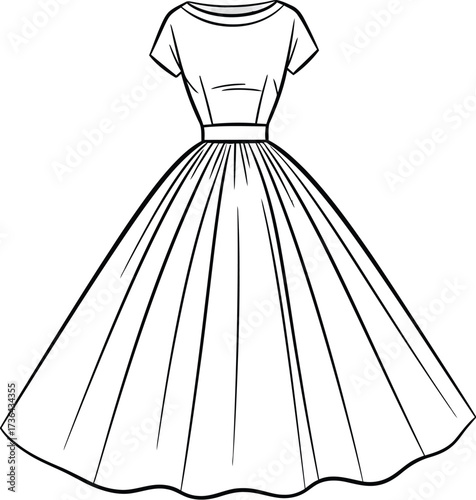 A line drawing of a dress with a boat neckline short sleeves and a full skirt on a white background