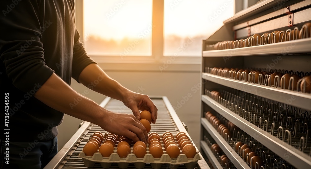 Obraz premium Person sorting eggs from a carton onto a conveyor belt with a rack of eggs in the background