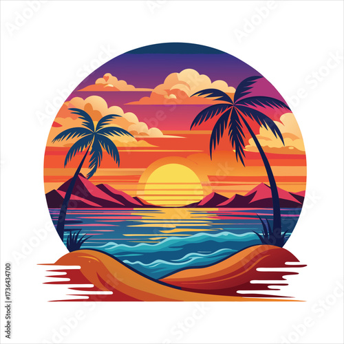 Vibrant sunset over ocean with palm trees and tropical beach scenery