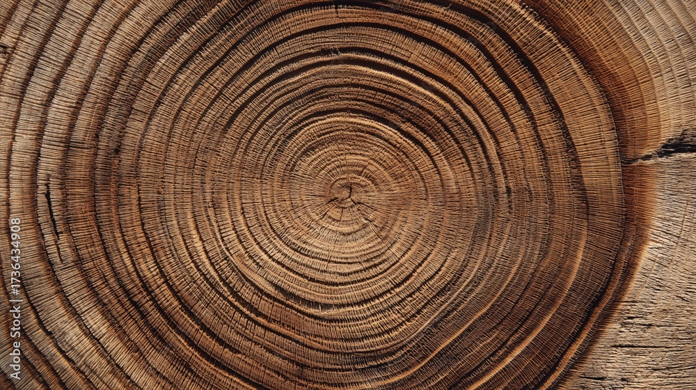 Fototapeta premium Tree trunk cross-section with narrow growth rings and fine wood texture