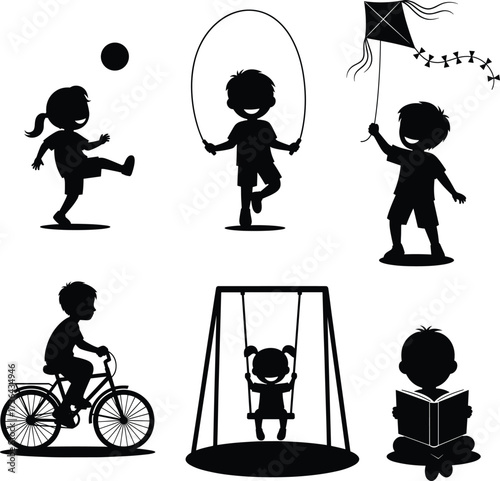 child, kid, play, ball, rope, kite, bike, swing, read, book, fun, outdoor, activity, youth, lifestyle, exercise, learning, silhouette, childhood, recreation