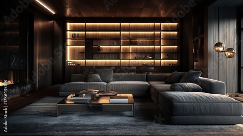 A dark, moody living space with ambient lighting and sophisticated furniture.