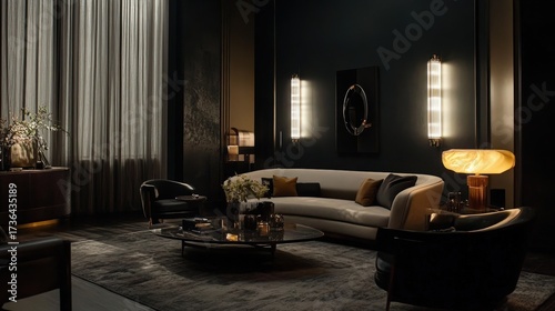 A dark, moody living space with ambient lighting and sophisticated furniture.