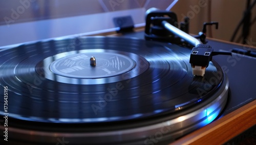 Turntable spins a vinyl record with a close-up needle and grooves