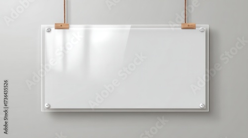 Acrylic poster, blank glass frame hang on wall isolated on transparent background. Empty photo frame template, rectangular name plate, plexiglass banner, holder mockup Realistic.
