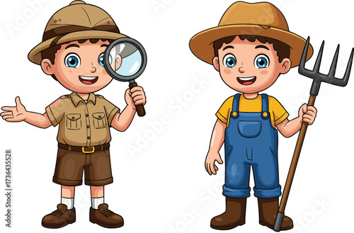 Cartoon explorer character, farmer occupation illustration, profession people vector, scout with magnifying glass, agriculture worker design, educational artwork, occupational roles, flat vector