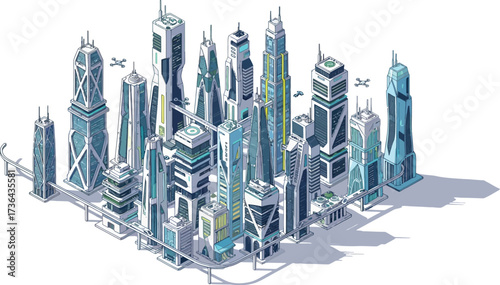Isometric view of a futuristic city with elevated walkways and flying drones in a clean style