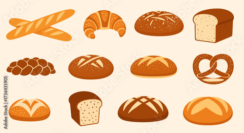 A collection of fresh baked goods including bread rolls baguettes croissants and pretzels presented on a light background.
