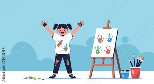 A joyful child happily shows off their paint covered hands after creating colorful art.