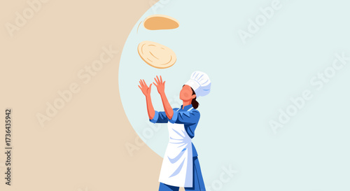A skilled chef masterfully juggles three pizza doughs while preparing a delicious meal for customers.