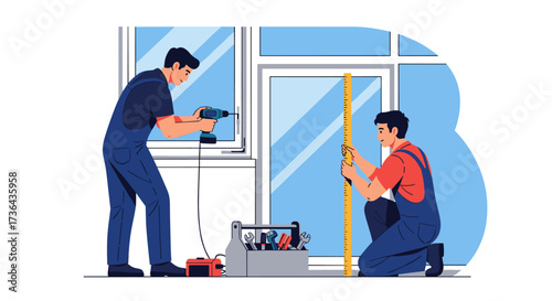 Two male construction workers installing a new window for a building.
