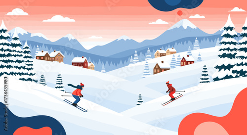Two skiers enjoying a snowy day on a mountain slope with cabins in the background.
