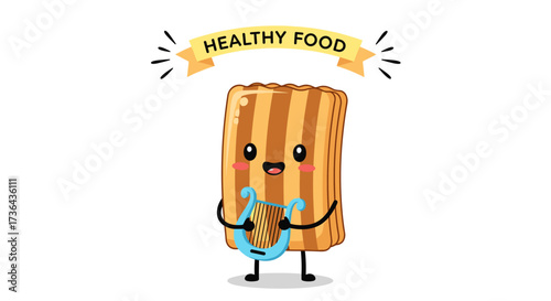 A cartoon slice of striped bread playing a small harp and smiling.