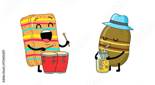 Cute rectangular character with colorful stripes happily plays drums while a potato character wears a hat and drinks from a jar.