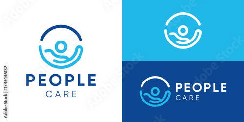 Creative simple people care logo template. Abstract hand with people, person, human logo design vector illustration.