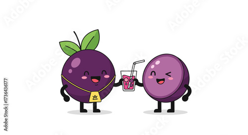 Two cute purple fruits clinking glasses of juice together happily.